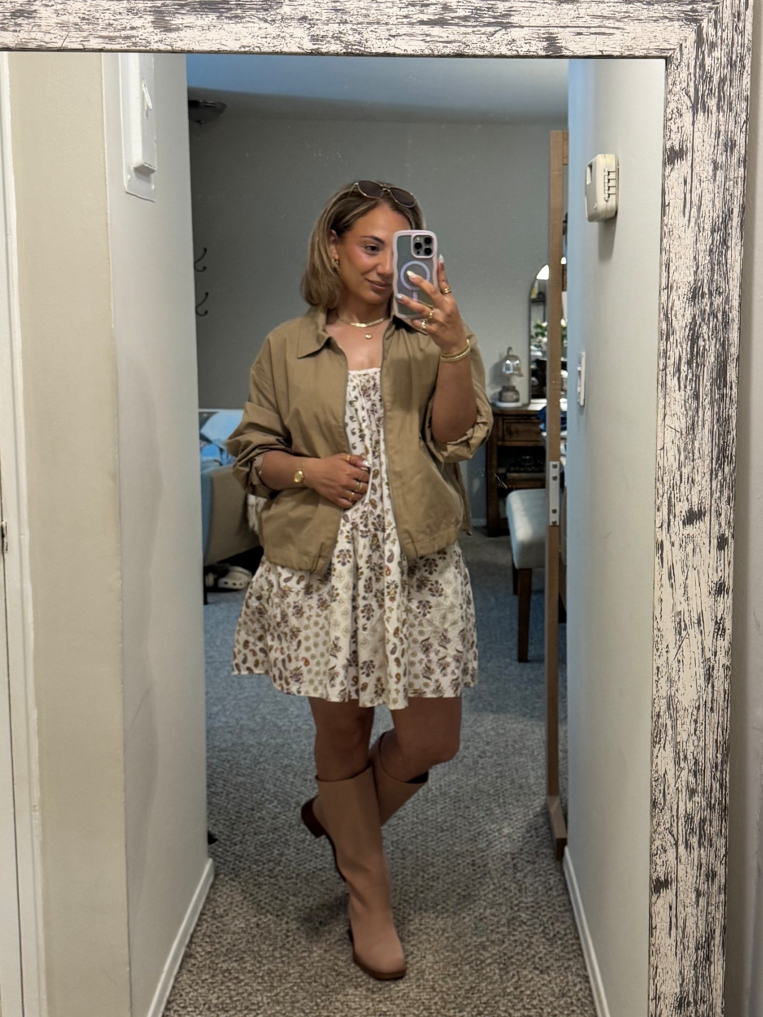 Dress and jacket size medium from Old Navy 
Frye and Co boots from DSW 

#LTKootd #LTKOver40 #LTKMidsize