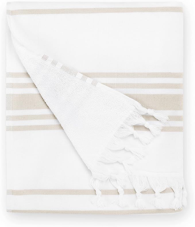 Laguna Beach Textile Co. Soft Turkish Fouta Beach Towel - White & Dune Tan, 400 GSM | Amazon (US)