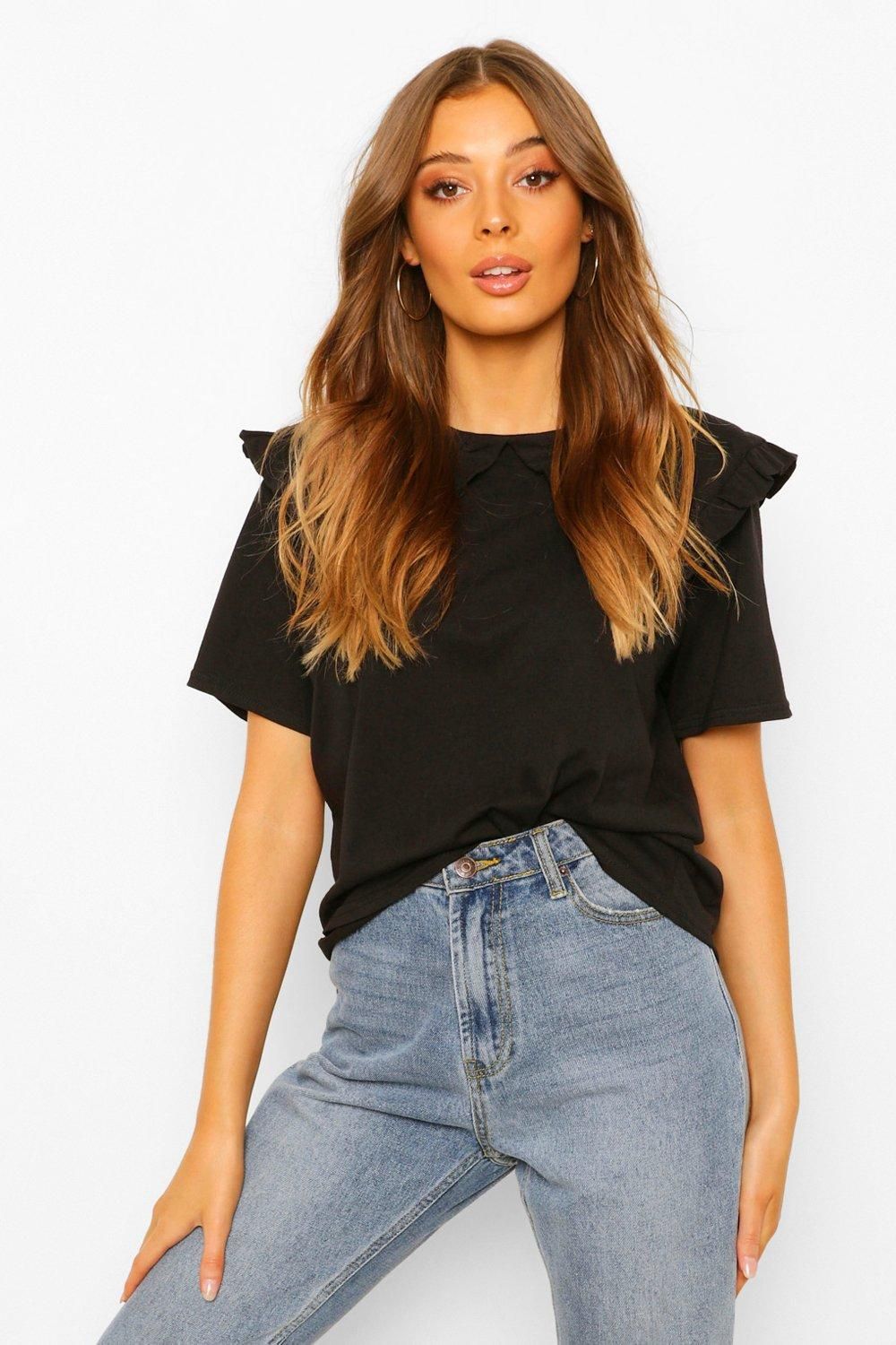 Womens Peter Pan Collar T-Shirt - Black - 4 | Boohoo.com (US & CA)