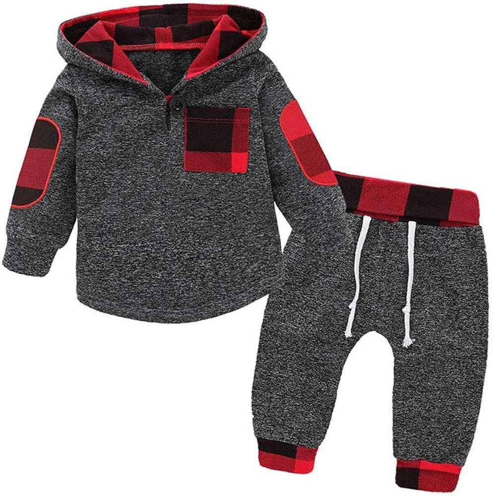 Baby Boys Clothes Newborn Boy Hoodie Pants Set Long Sleeves Toddler Plaid Babies Outfit | Amazon (US)
