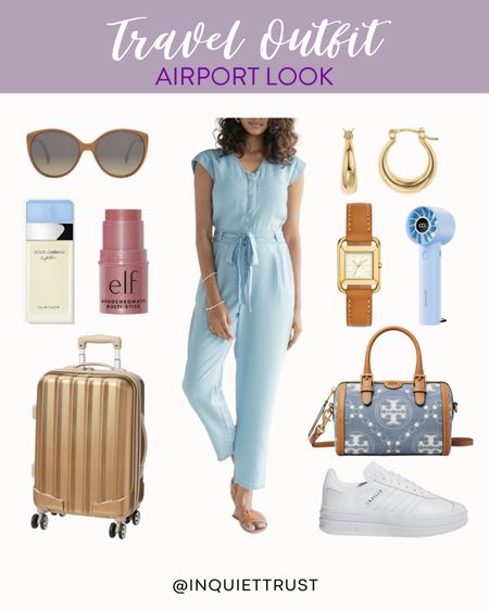 Wear this easy yet stylish blue belted jumpsuit paired with a white Gazelle sneakers, Tory Burch barrel bag, brown luggage, and more!
#outfitidea #airportfashion #casualstyle #loungewear

#LTKTravel #LTKStyleTip #LTKItBag