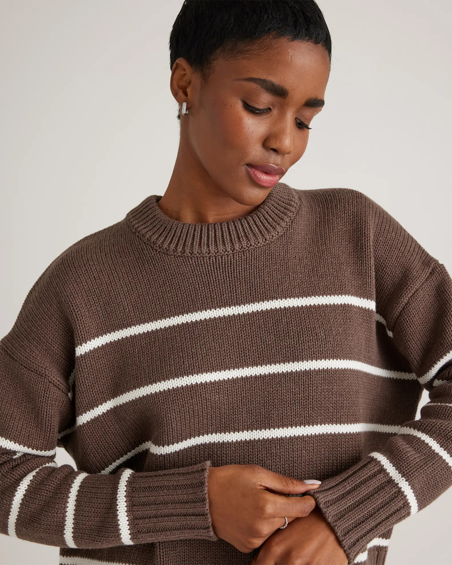 100% Organic Cotton Striped Crew Sweater in Heather Brown/Ivory | Quince