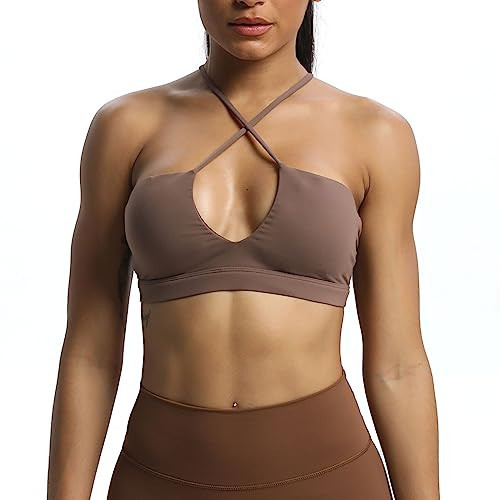 Aoxjox Women's Workout Sports Bras Jamie Deep V Fitness Backless Padded Training Gym Bra Yoga Crop Tank Top (Deep Fudge Coffee, X-Large) | Amazon (US)