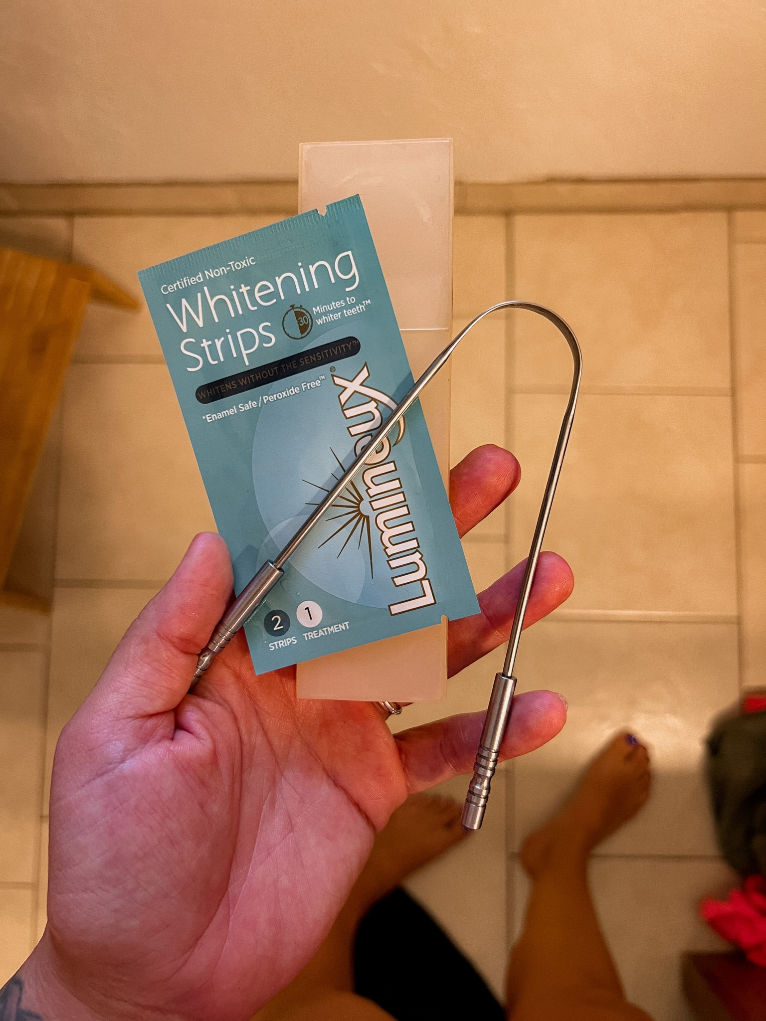 Whitening strips and tongue scraper from Amazon. 

Amazon beauty finds  