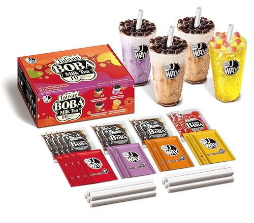 J WAY Instant Boba Bubble Pearl Variety Milk Tea Fruity Tea Kit with Authentic Brown Sugar Caramel Fruity Tapioca Boba, Ready in Under One Minute, Paper Straws Included - Gift Box - 10 Servings | Amazon (US)