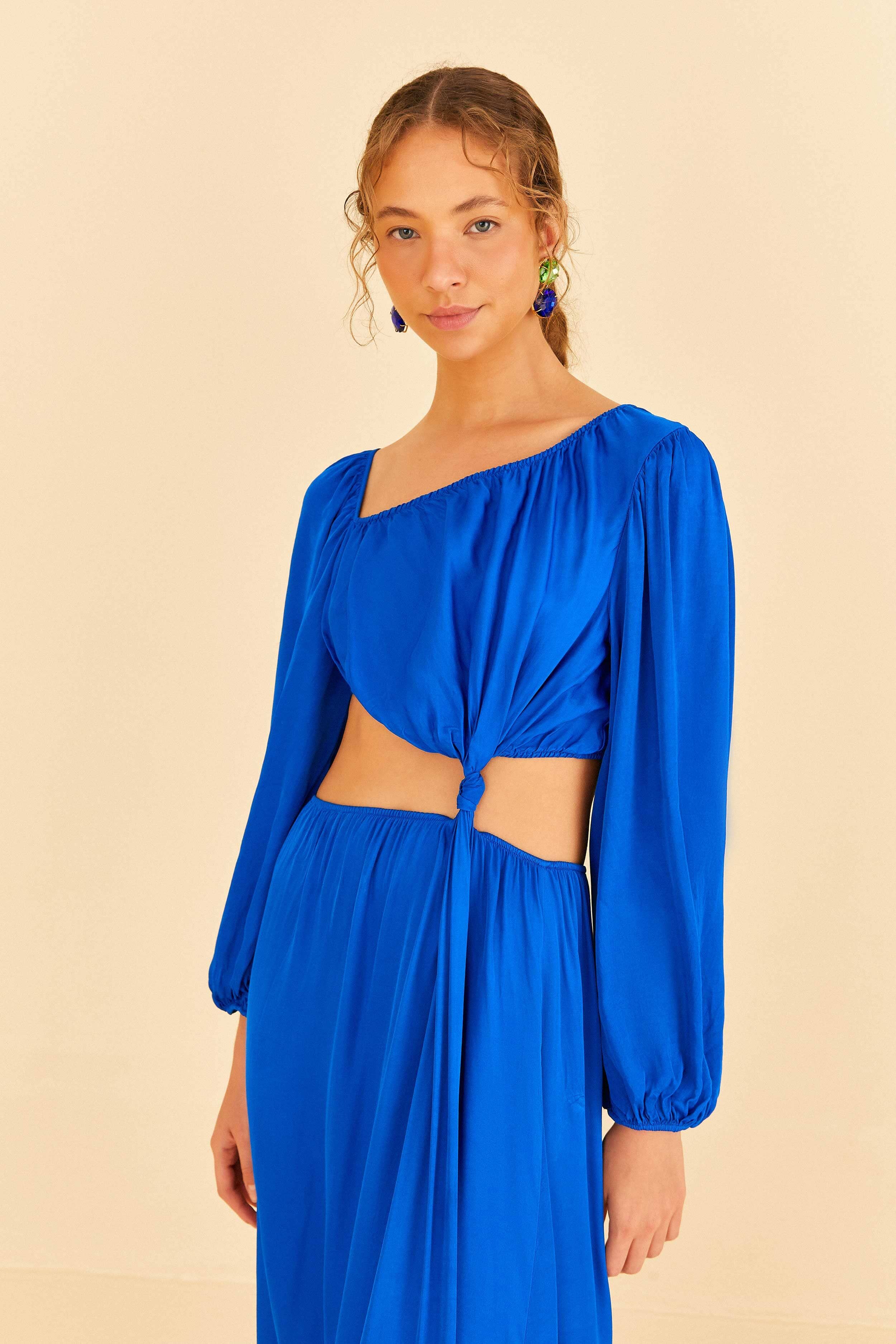 Blue Viscose Satin Midi Dress | FarmRio