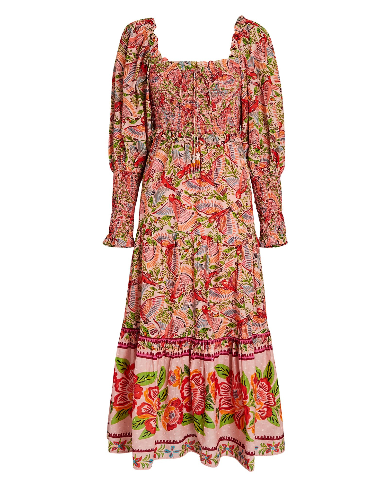 Farm Rio Macaw Flight Smocked Cotton Midi Dress, Multi M | INTERMIX