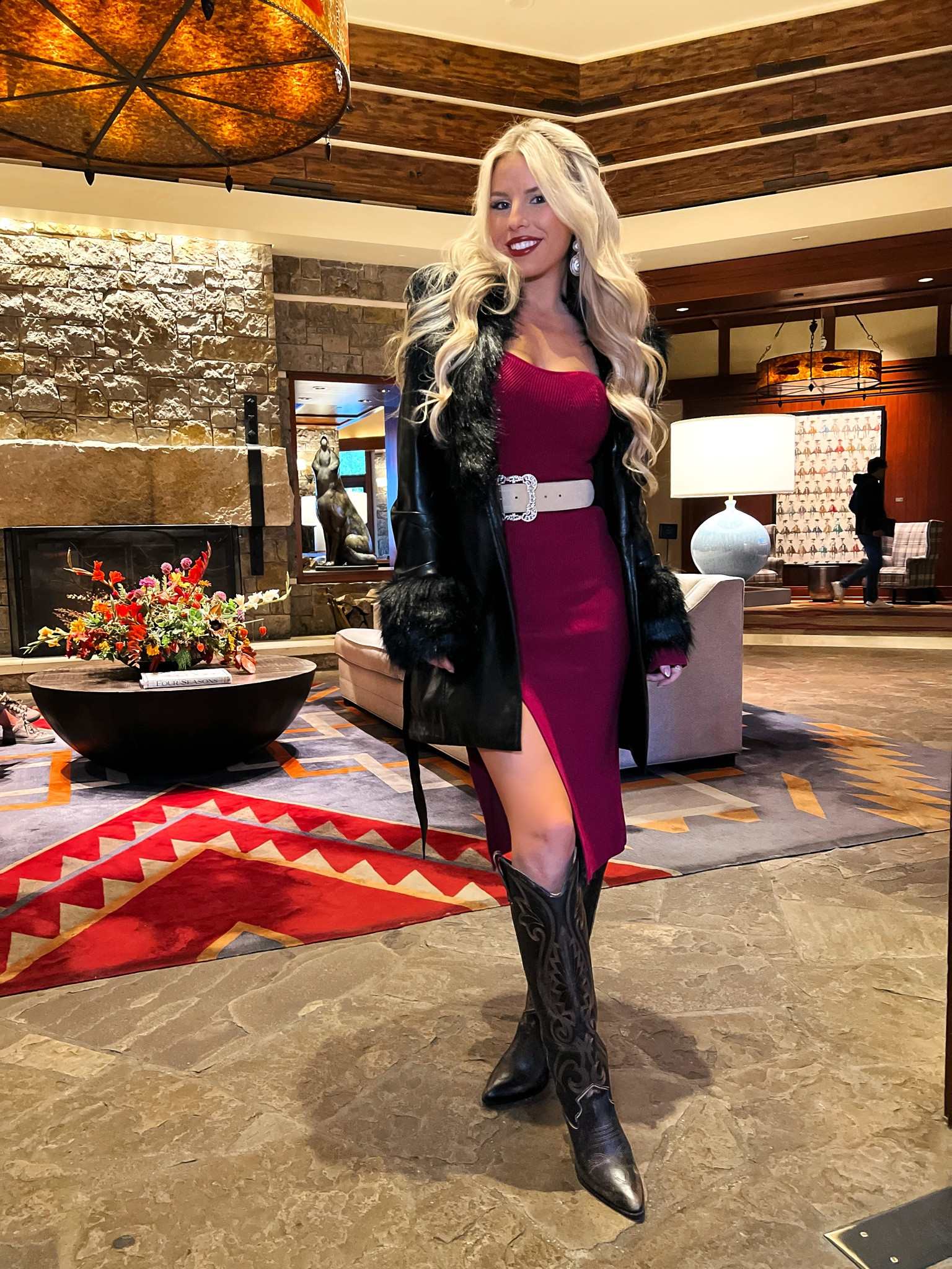 Fall and winter outfit. Faux fur black leather coat. Sweater dress. Cowboy boots. Western boots. Jackson hole 

#LTKtravel #LTKSeasonal #LTKshoecrush