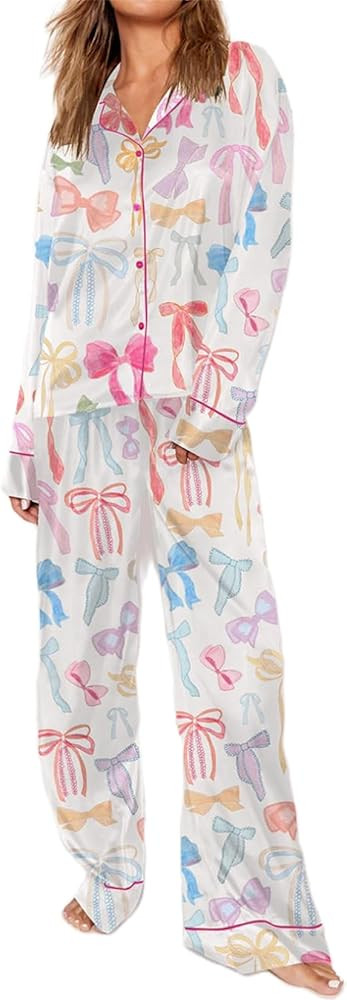 Miqil Women Y2k Fairycore 2 Piece Loungewear Cute Bow Print Long Sleeve Button Down Shirt High Ri... | Amazon (US)