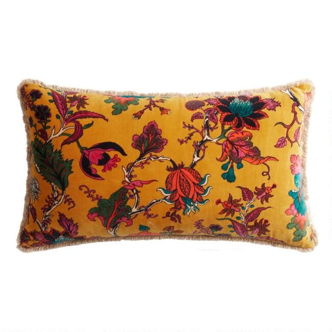 Bright Gold Velvet Floral Lumbar Pillow | World Market