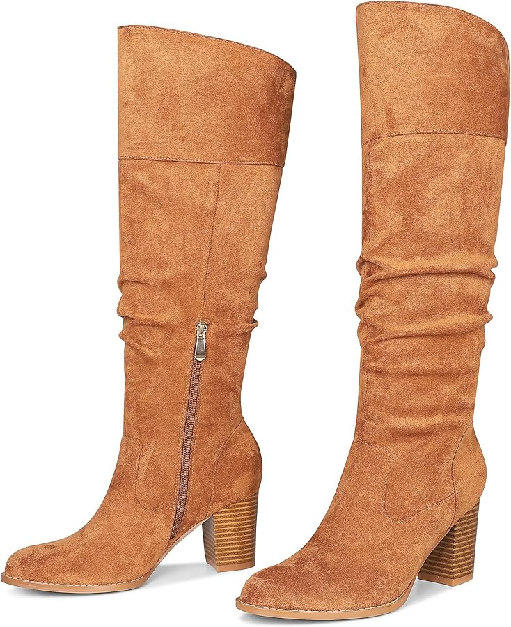 MeiLuSi Women's Slouchy Knee High Boots Suede Fall Boots Round Toe Chunky Heel Boots Warm Winter ... | Amazon (US)