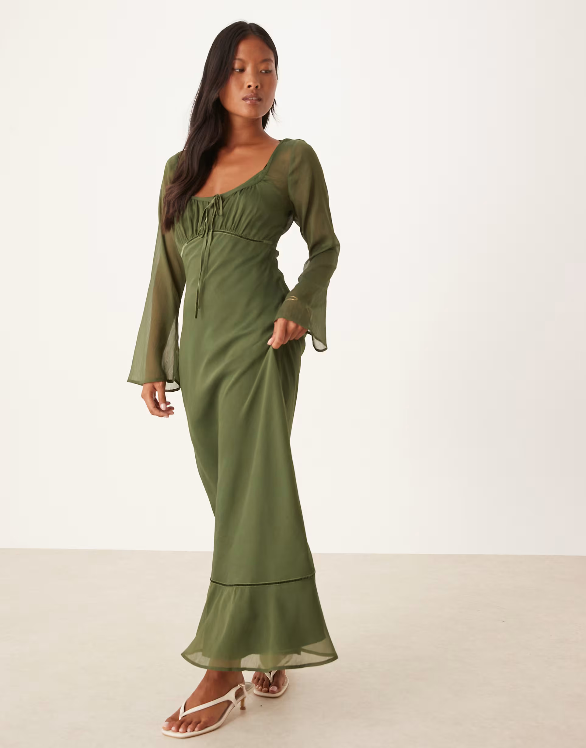 ASOS DESIGN Petite ruched bust scoop long sleeve maxi dress in olive | ASOS | ASOS (Global)