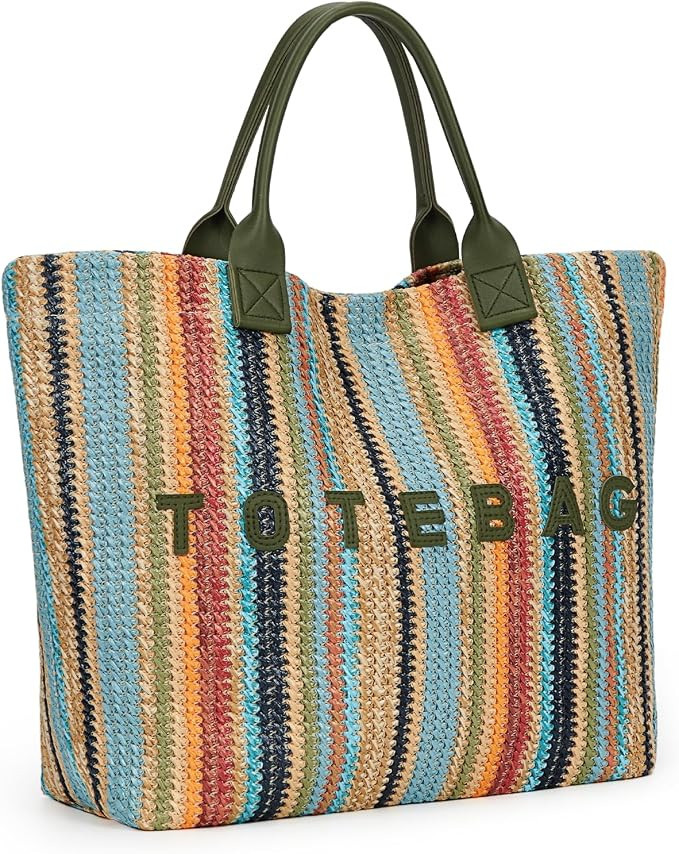 Faux Straw Beach Tote Bag for Women Large Capacity Rainbow Striped Shoulder Bag Letter Print Wove... | Amazon (US)