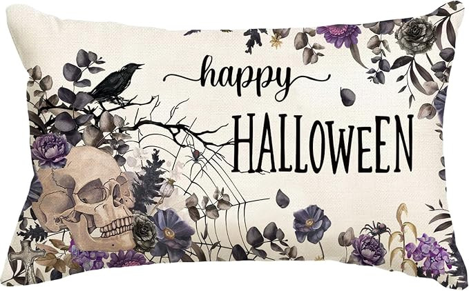 Baccessor Halloween Pillow Cover 12x20 Inch, Purple Floral Skull Bat Spider Web Gothic Lumbar Thr... | Amazon (US)