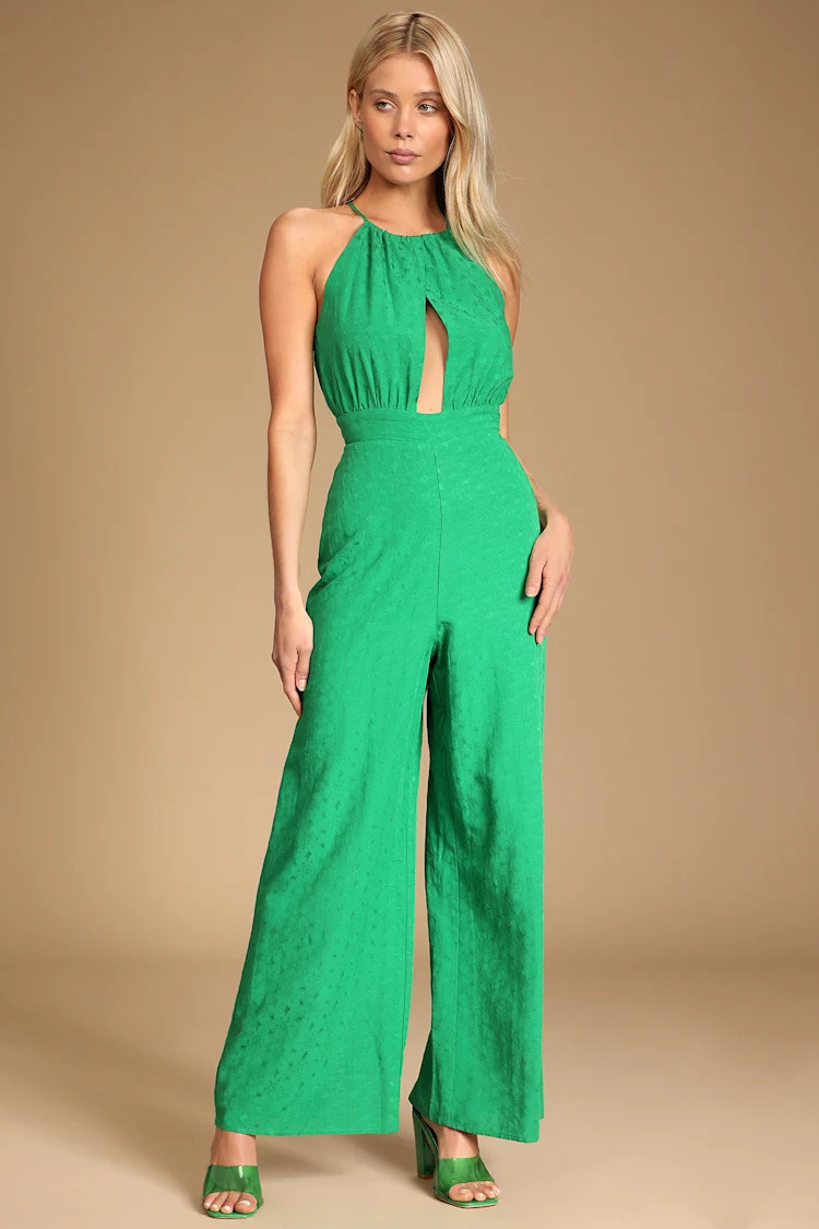 Style That Wows Green Floral Jacquard Wide-Leg Jumpsuit | Lulus (US)