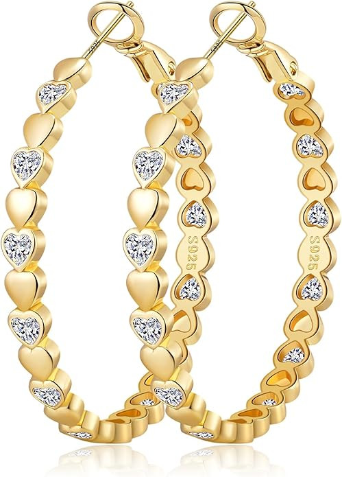 OOOPEL Heart Cubic Zirconia Large Hoop Earrings for Womens 925 Silver 14k Gold Plated Hypoallerge... | Amazon (US)