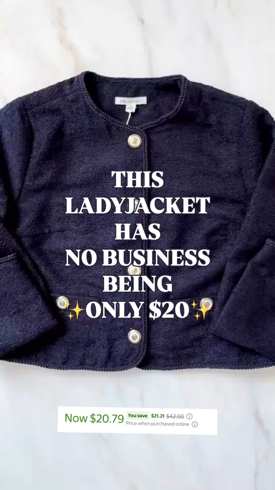 Walmart lady jacket | designer look for less | work outfit | teacher outfit | business casual jacket

This Walmart lady jacket has no business being only $20 right now.

The quality is genuinely so good: soft nubby boucle like texture, collarless crewneck shape, button front, braided trim, two front button welt pockets, lightweight feel, and gold-tone statement buttons with rose detail that make it look and feel like something you would expect from a much higher end designer.

It is polished like a blazer, soft like a sweater, and easy enough to wear with jeans, trousers, dresses, skirts, or white denim. That is what makes this such a strong Walmart fashion find. It instantly makes any outfit look more expensive.

Also available in white if you want a crisp  version.

This is the kind of jacket that works for work outfits, teacher outfits, business casual outfits, casual office outfits, church, brunch, lunch dates, school events, travel outfits, polished everyday style, and easy dressed up weekend looks.

Style it with a striped dress, white button down, straight leg jeans, trouser pants, ballet flats, loafers, gold jewelry, pearl earrings, a simple tee, or a summer dress for that classic lady jacket outfit formula.

If you love lady jackets, J.Crew style, Chanel inspired jackets, tweed jacket looks for less, polished workwear, preppy style, Walmart finds, and designer looks for less, this $20 sale find is one I would not let sit.

Walmart lady jacket, lady jacket, Walmart jacket, Free Assembly jacket, collarless jacket, boucle jacket, nubby jacket, tweed jacket look for less, designer look for less, Chanel inspired jacket, J.Crew inspired jacket, navy lady jacket, white lady jacket, button front jacket, gold button jacket, work outfit, teacher outfit, business casual outfit, office outfit, preppy style, Walmart fashion finds

#LTKFindsUnder50 #LTKFindsUnder100 #PreppyStyle #WorkOutfit #LookForLess #TeacherOutfit #WalmartStyle #JCrew #WalmartFinds #LadyJacket #ElegantStyle

#LTKOver40 #LTKSaleAlert #LTKWorkwear