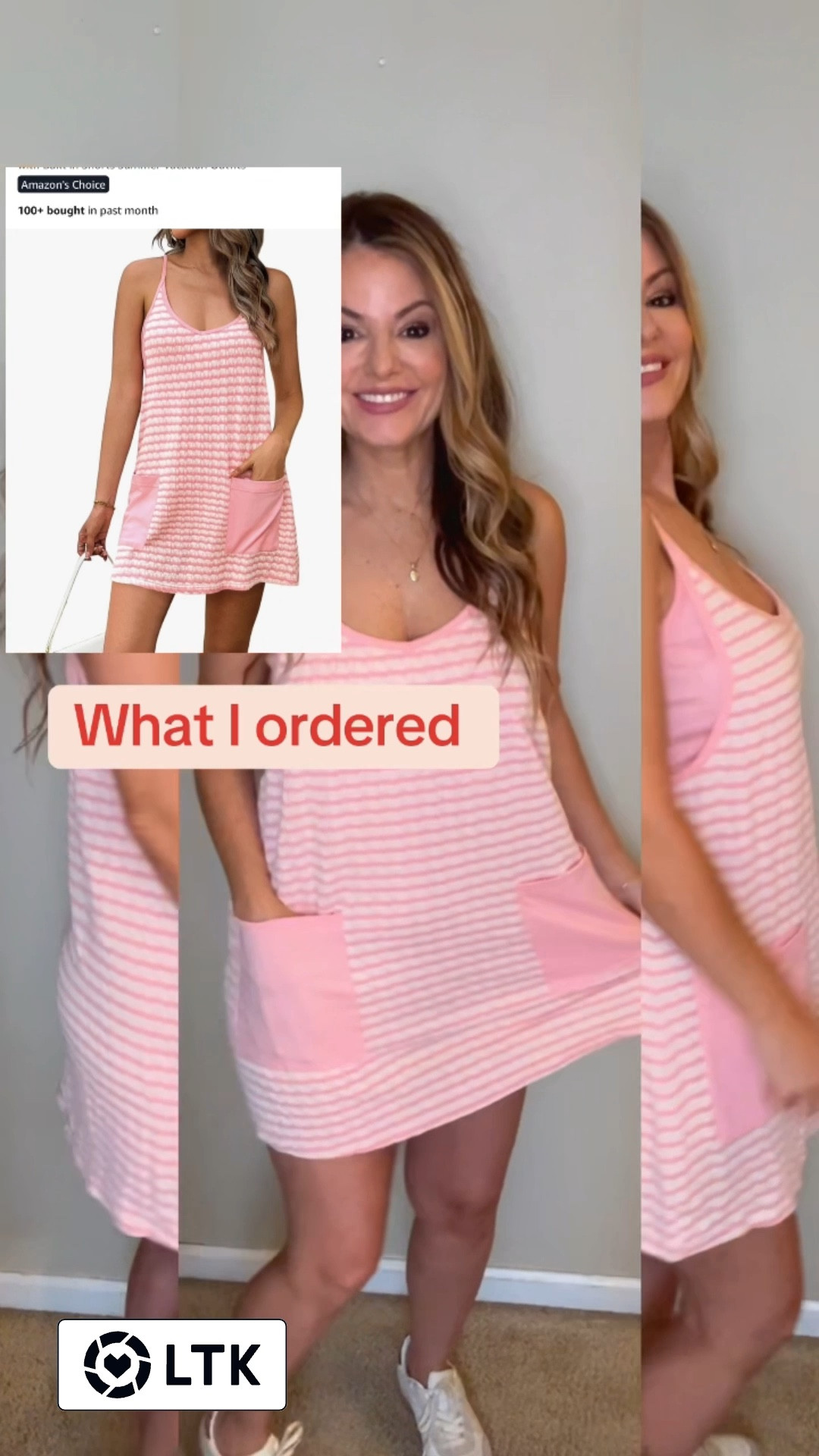 Check out this casual Summer Amazon dress with built in shorts and tank! It’s my new favorite casual outfit with sneakers and this cute pink bag!