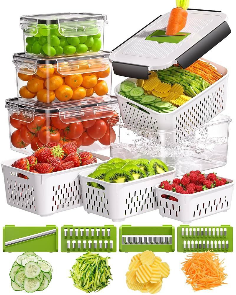 4 Pcs Fruit Storage Containers for Fridge with Vegetable Chopper Set & Removable Colander, Airtig... | Amazon (US)
