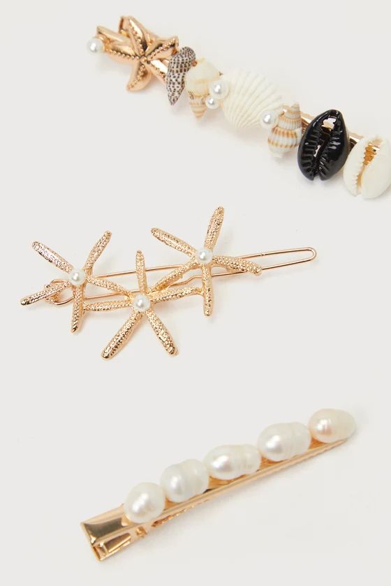 Aquatic Aesthetic Gold Shell Pearl Three-Piece Hair Clip Set | Lulus