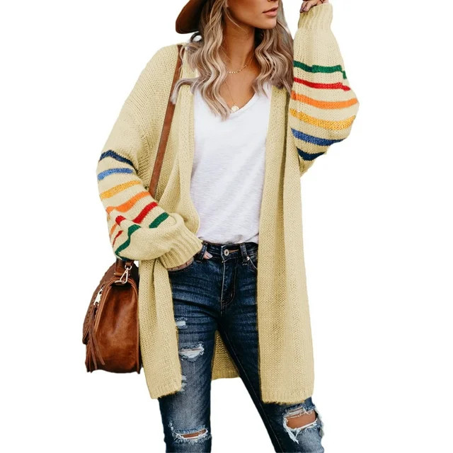Aleumdr Plus Size Cardigan for Women Long Stripe Knit Beige Open Front Sweaters 2XL - Walmart.com | Walmart (US)