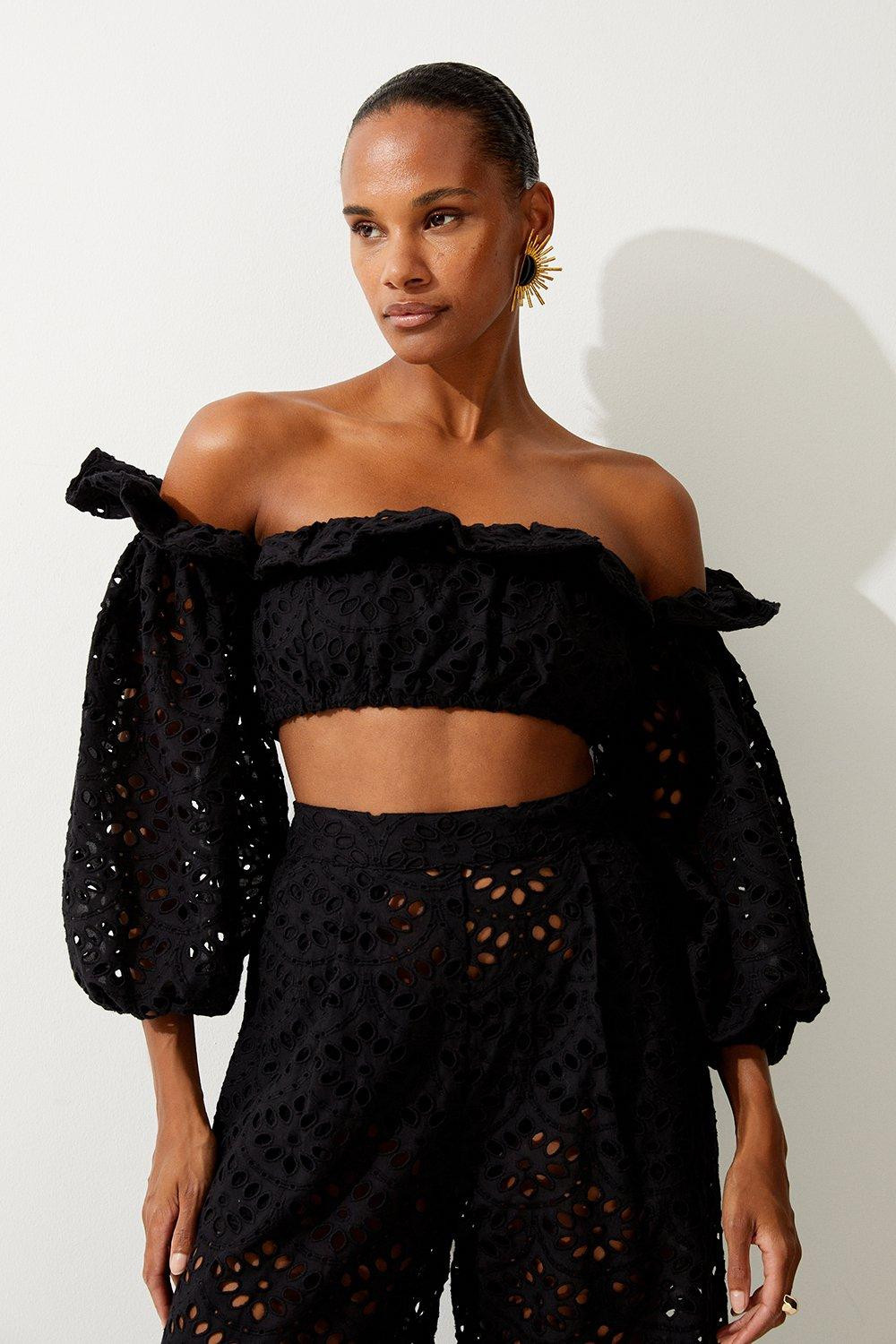 Beach Woven Bardot Broderie Top | Karen Millen UK + IE + DE + NL