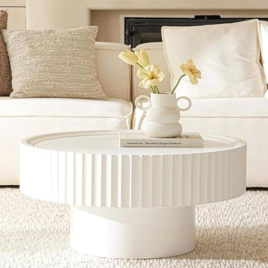 Round Coffee Table with Storage, 30.3” Fluted Drum Modern Living Room Table, Circle Wood White ... | Amazon (US)