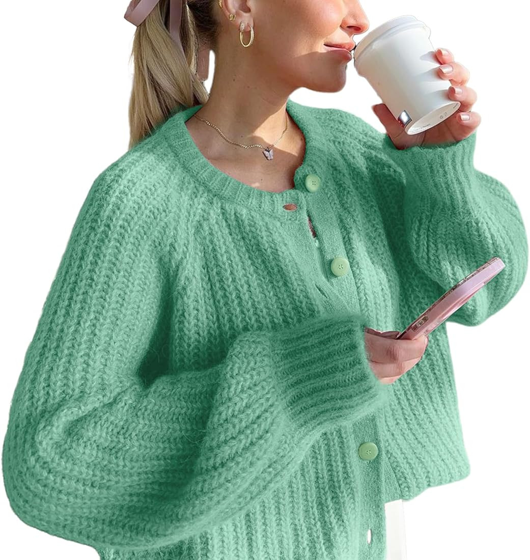 VDWIP Womens Cardigan Sweaters Button Down Chunky Knit Sweater Fall Loose Long Sleeve Cropped Car... | Amazon (US)