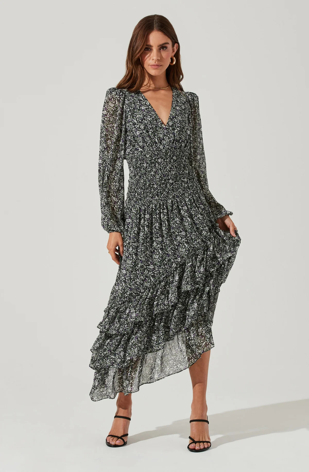 Long Sleeve Asymmetrical Multi Ruffle Floral Midi Dress | ASTR The Label (US)