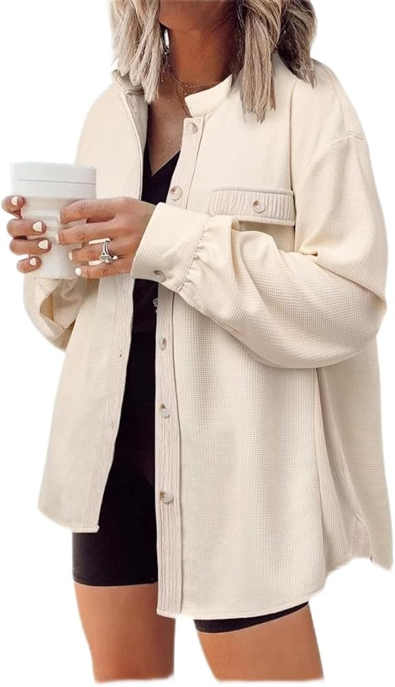 DARKRANI Women's Waffle Shacket Boyfriend Shirt Jacket Long Sleeve Blouse Button Down Oversized T... | Amazon (US)