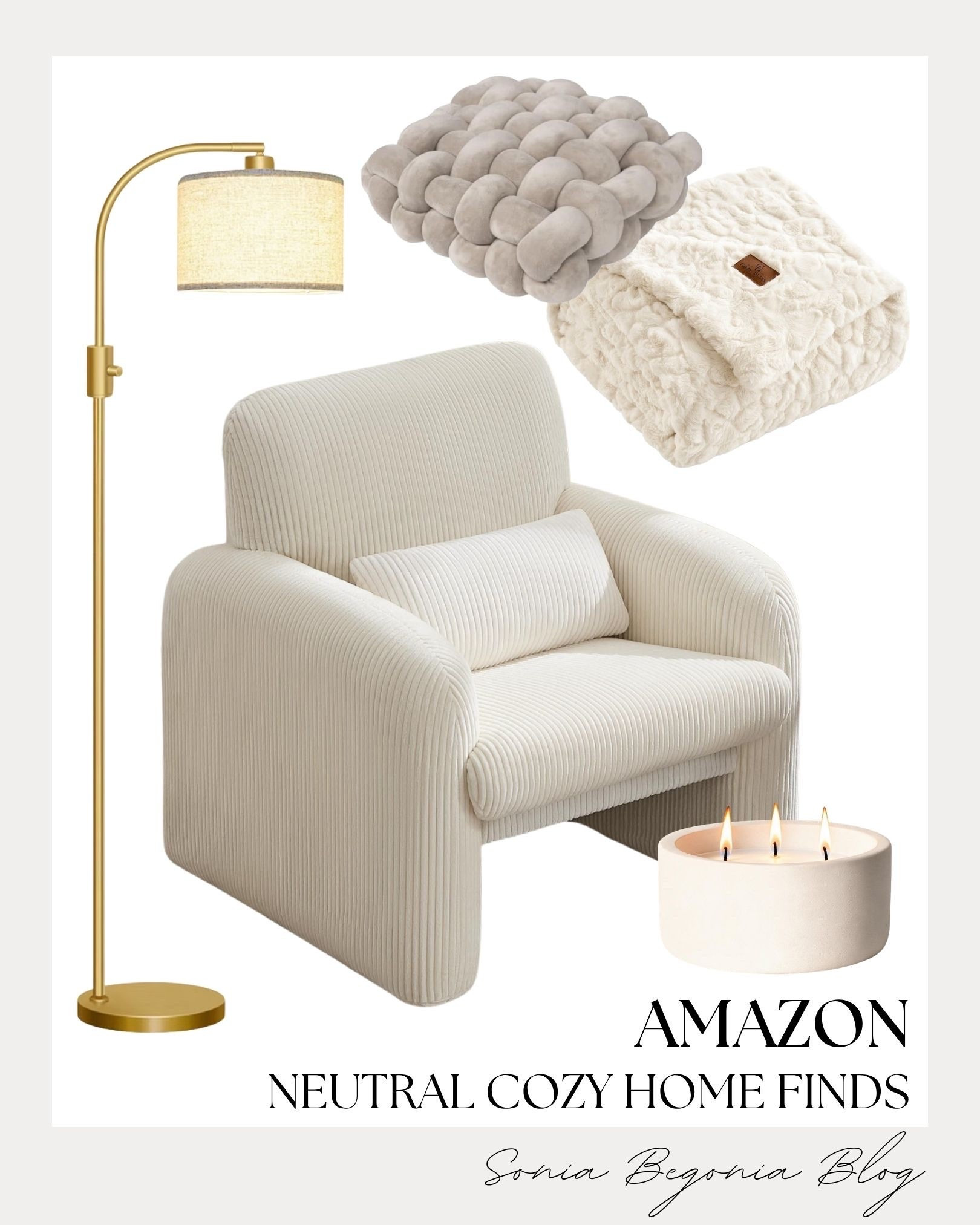 Creating the ultimate cozy reading nook with these warm home finds! 🤍 

This cream textured armchair combined with a gold arc floor lamp instantly elevates any corner.
I added a plush throw blanket, a knotted accent pillow, and a three-wick candle for maximum cozy vibes! 🕯️ 

#amazonhome #cozyhome #neutralhomedecor #readingnook #homefinds #aestheticdecor #ltkhome #interiorinspo

#LTKSeasonal #LTKHome