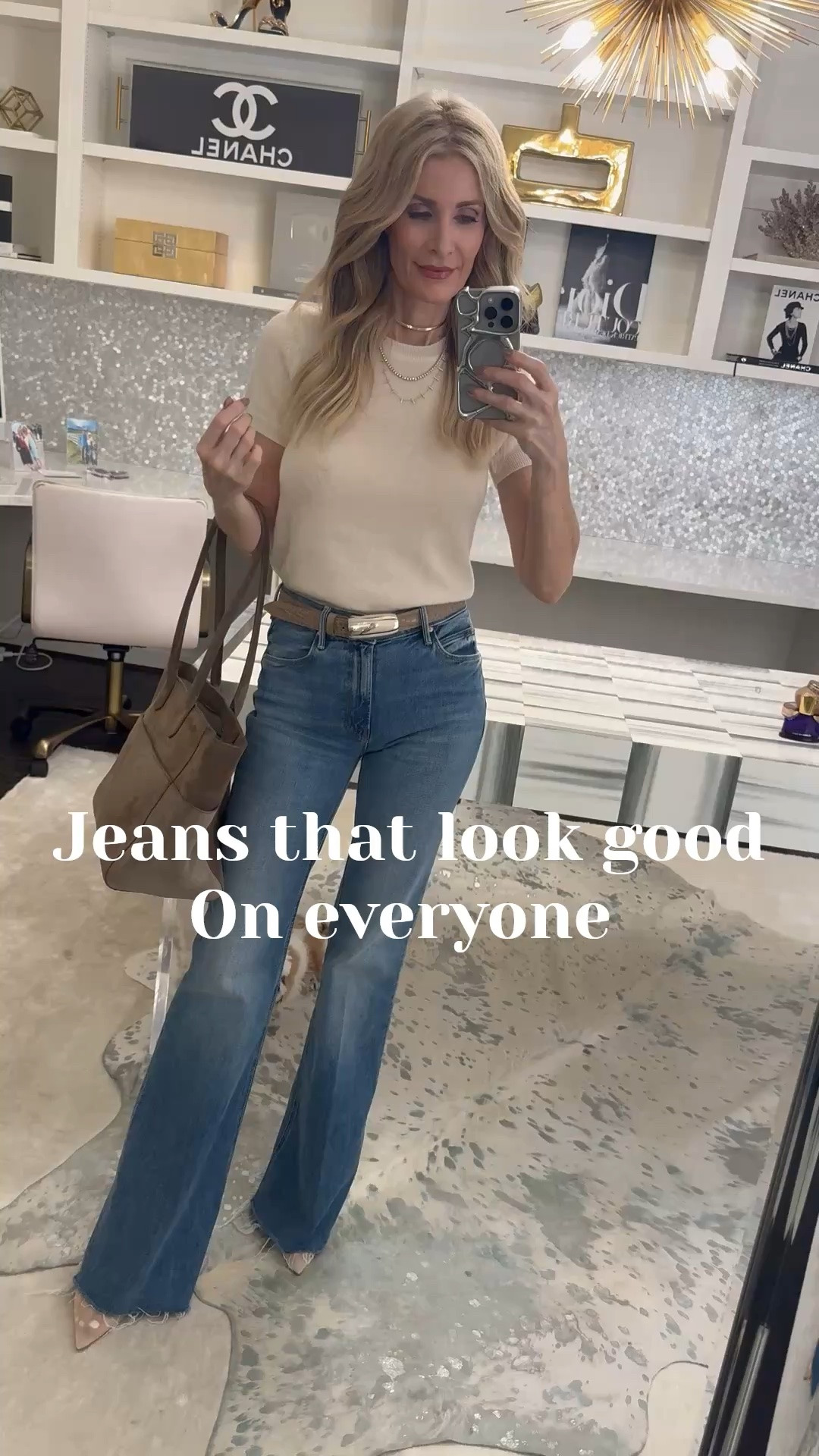 These Slimming Mother bootcut jeans are one of my favorite denim styles for creating long, lean legs ✨ Styled them with this Quince cashmere tee and roomy neutral tote for an easy elevated everyday outfit. Size 24 in jeans. #SlimmingJeans #MotherDenim #LTKOver40 

 #LTKootd #LTKSeasonal #LTKOver40