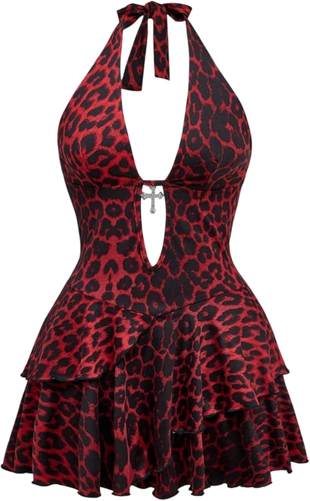 SOLY HUX Women's Plus Size Leopard Print Halter Dress Y2k Gothic Deep V Cheetah Tie Backless Laye... | Amazon (US)