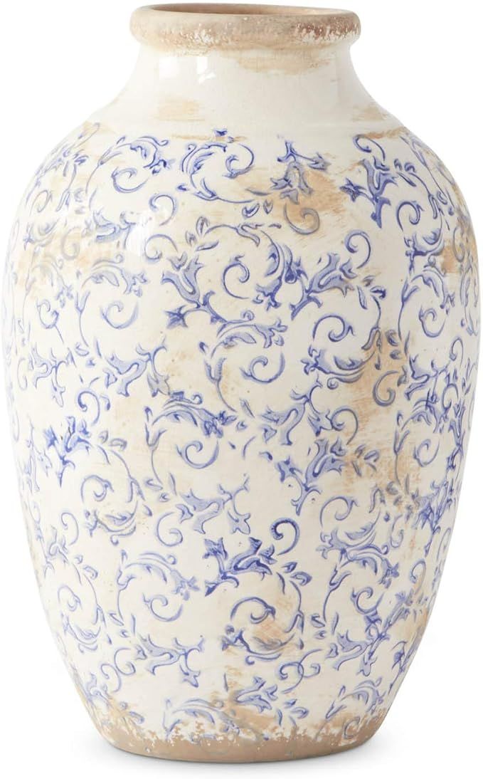 K&K Interiors 15298B-BL-4 15 Inch Vintage Blue and White Ceramic Vase | Amazon (US)