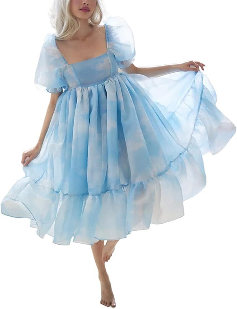 Womens Puff Sleeve Tulle Princess Dress Fairy Ruffle Flowy Mesh Mini Summer Dresses Corset Selkie Po | Amazon (US)