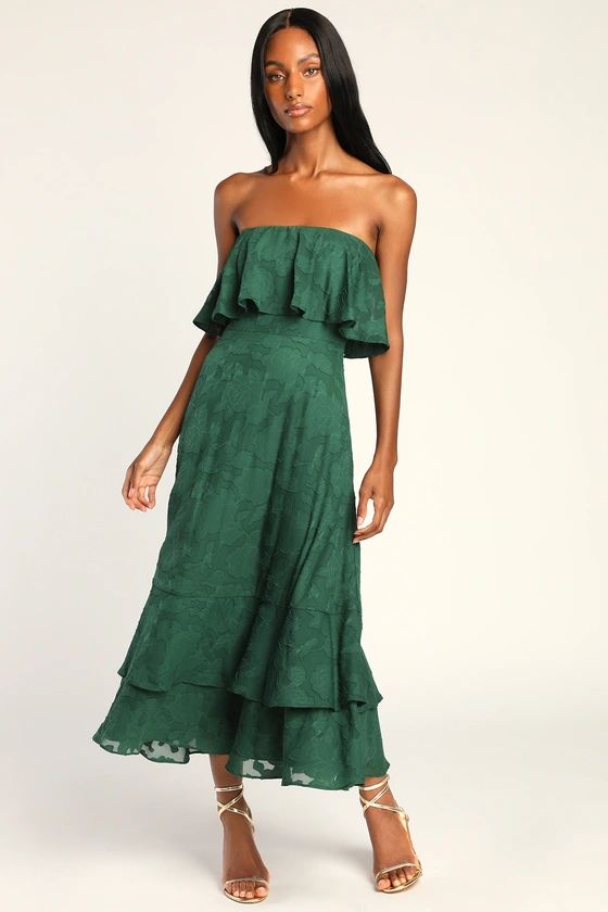 Love You So Truly Dark Green Burnout Floral Strapless Midi Dress | Lulus (US)
