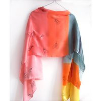 Hand-Painted Silk Satin Scarf Coral Gray Butterfly Shawl | Etsy (US)