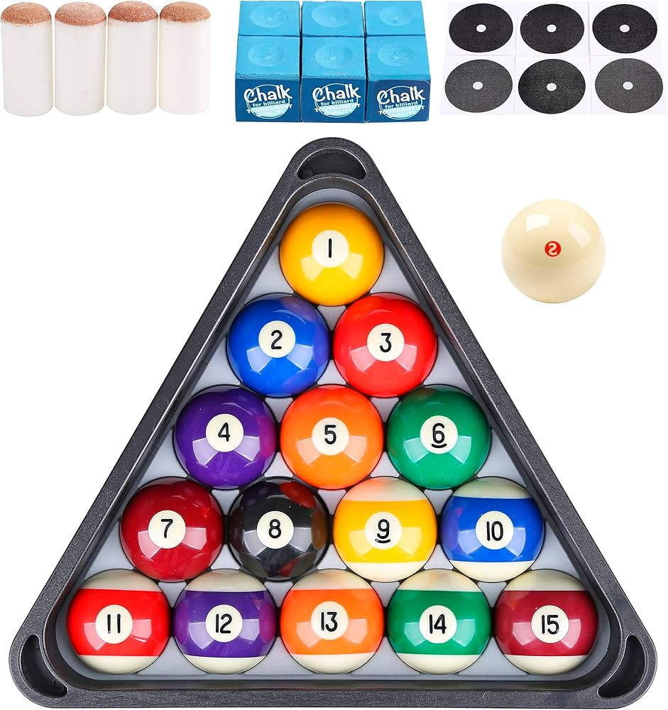 Billiard Pool Balls with Triangle Ball Rack, Cue Chalks, Table Spot Stickers & Tip Replacements -... | Amazon (US)