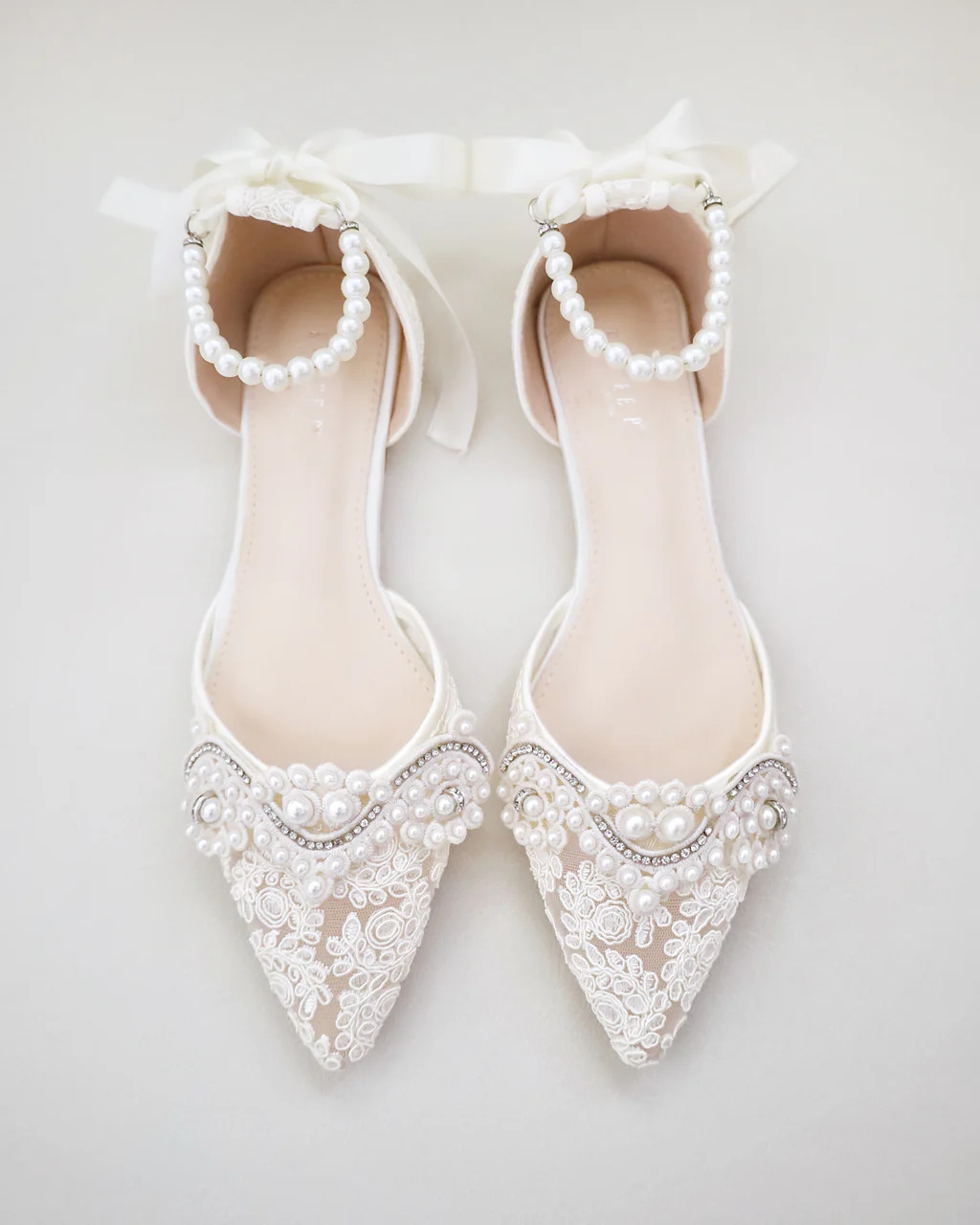 Crochet Lace Pointy Toe Flats with Small Pearls Applique | Kailee P.
