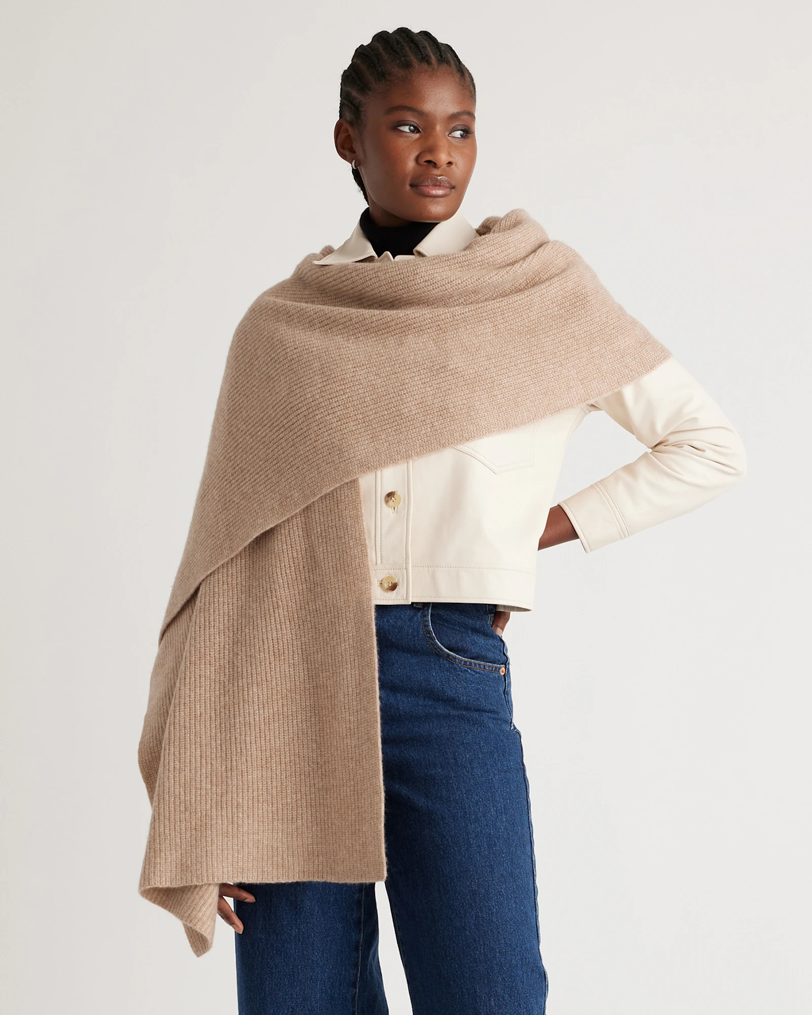 Quince | Women's Mongolian Cashmere Ribbed Wrap in Black | Quince