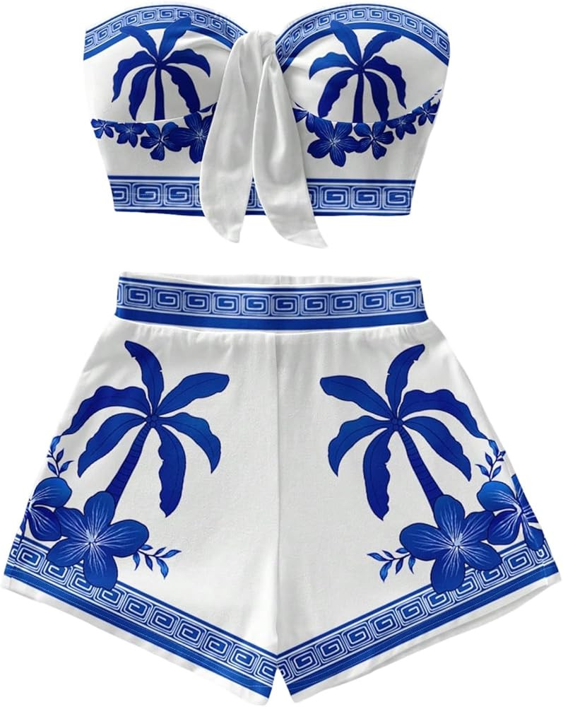 SweatyRocks Women's Boho Vacation 2 Piece Outfits Twist Front Crop Tube Tops and Mini Shorts Sets | Amazon (US)