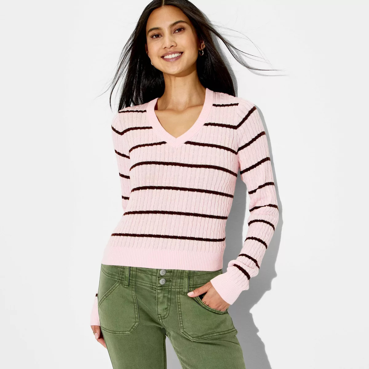 Women's V-Neck Pullover Sweater - Wild Fable™ Pink Striped L | Target