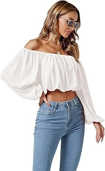 Umenlele Women’s Casual Off Shoulder Ruched Lantern Long Sleeve Crop Top Blouse Shirt | Amazon (US)