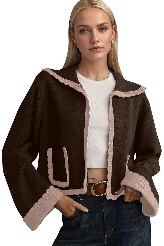 Women Scallop Collar Cardigan Sweaters Color Block Bell Sleeve Open Front Knit Cardigan Fall Swea... | Amazon (US)