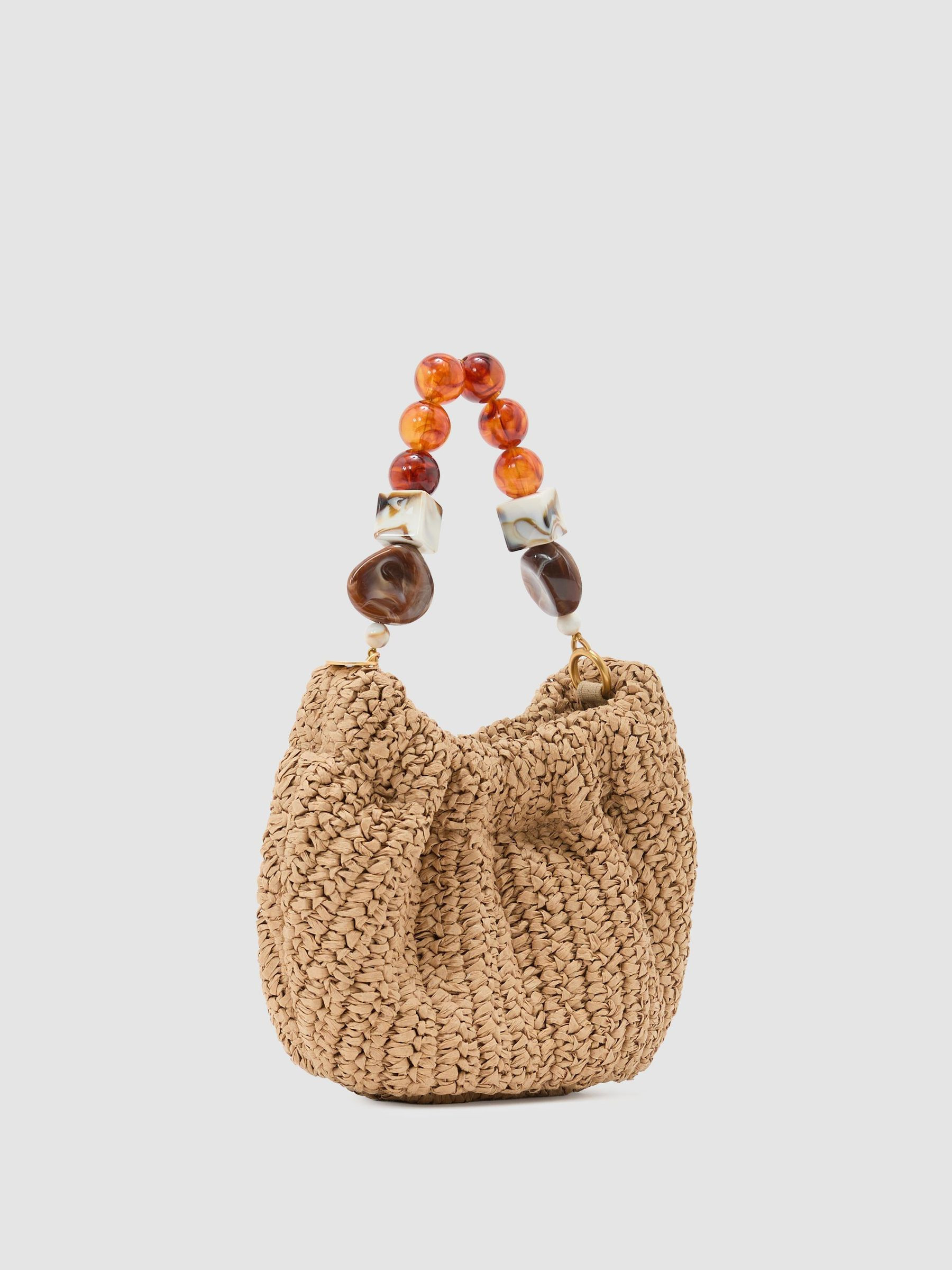 Reiss Raffia-Effect Beaded-Handle Pouch Bag in Natural - REISS | Reiss UK