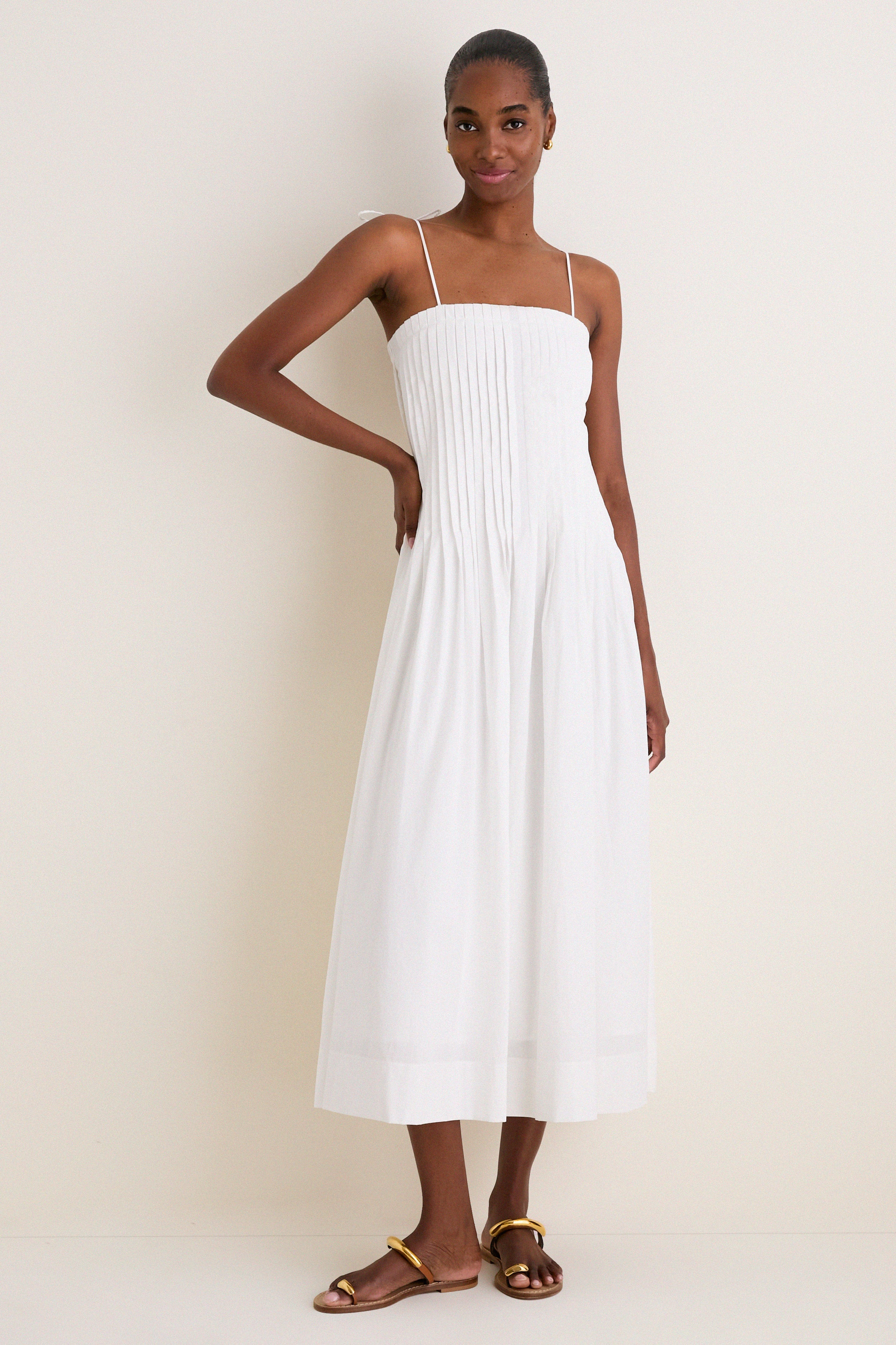 Off White Pleated Front Detail Midi Dress | Tuckernuck (US)