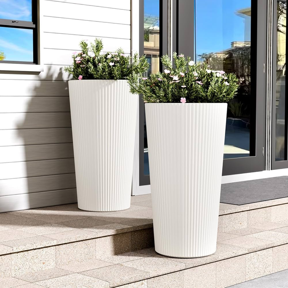 23.6" Tall Planter for Outdoor Plants Set of 2 Large Outdoor Plastic Striped Flower Pots, Front P... | Amazon (US)