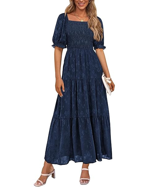 PRETTYGARDEN Summer Dresses for Women 2025 Eyelet Square Neck Puff Sleeve Smocked Wedding Guest M... | Amazon (US)