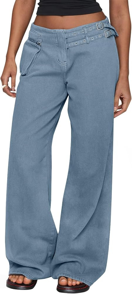 Cicy Bell Womens Wide Leg Jeans with Buckle Detail Casual Mid Rise Boyfriend Baggy Denim Pants wi... | Amazon (US)