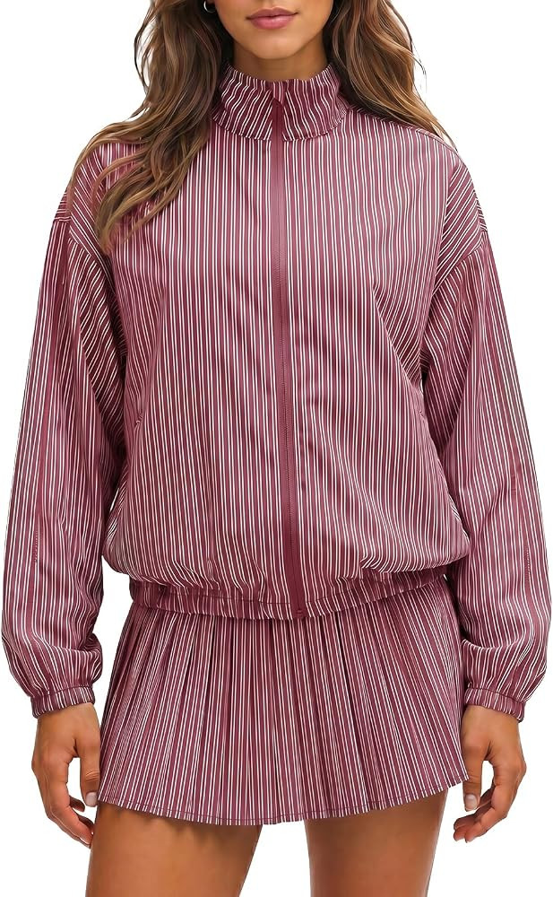 Fisoew Womens 2 Piece Striped Outfits Casual Stand Collar Zip Up Jackets Pleated Mini Skirts Tenn... | Amazon (US)